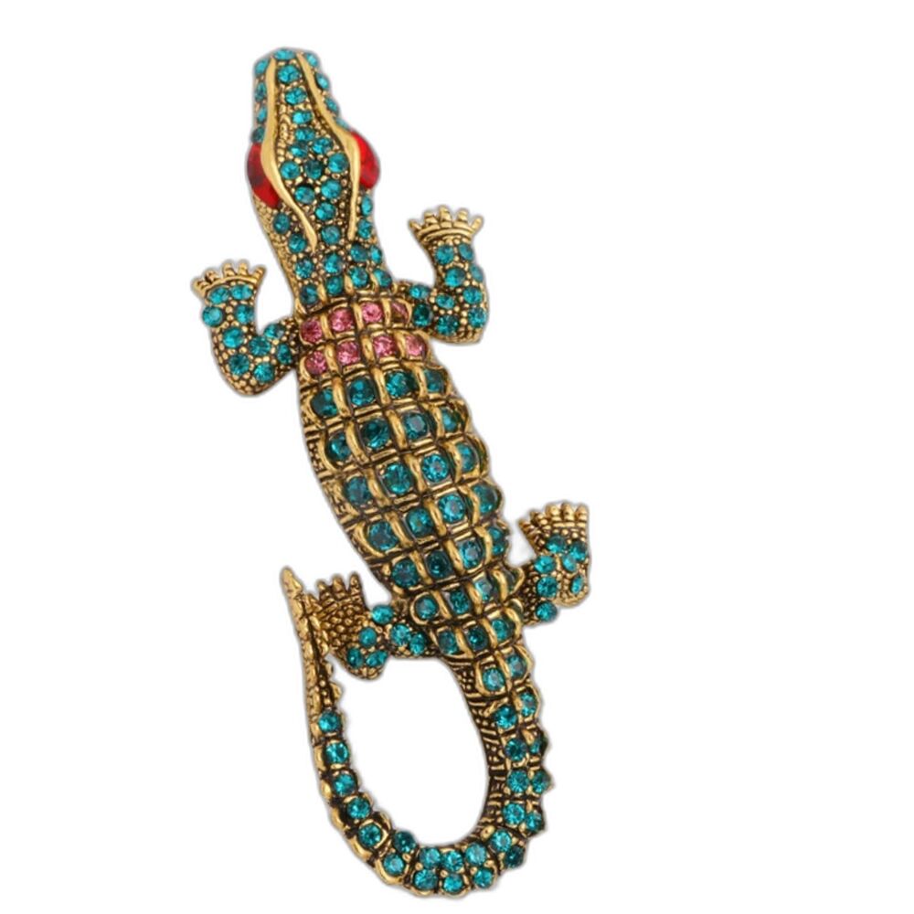 Alligator Crocodile Rhinestone Brooch Gold Tone Teal Crystal Reptile Pin Jewelry